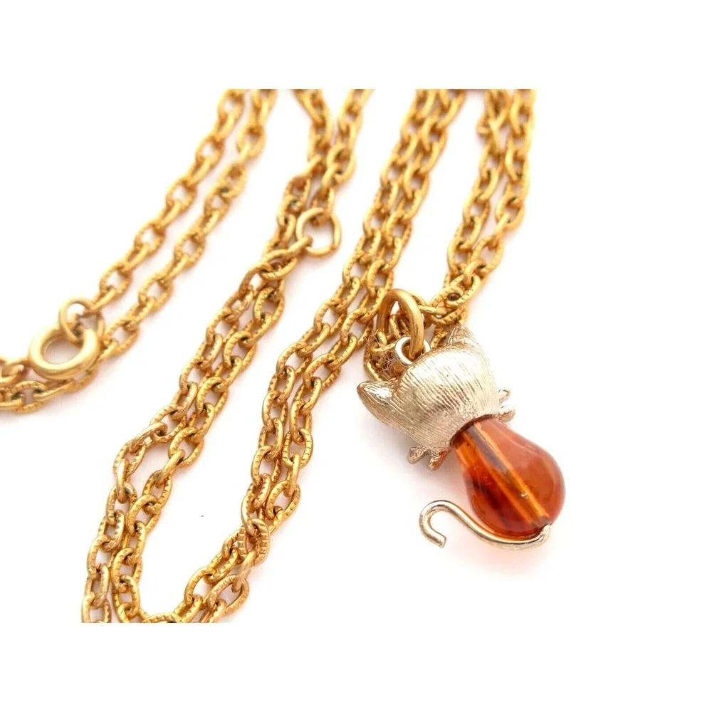 VINTAGE AMBER BEAD KITTY CAT GOLD PLATED PENDANT‎ & CHAIN NECKLACE ANIMAL LOVE